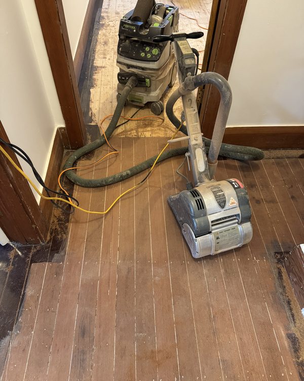 Drum sander and edge sander working across old tongue-and-groove boards